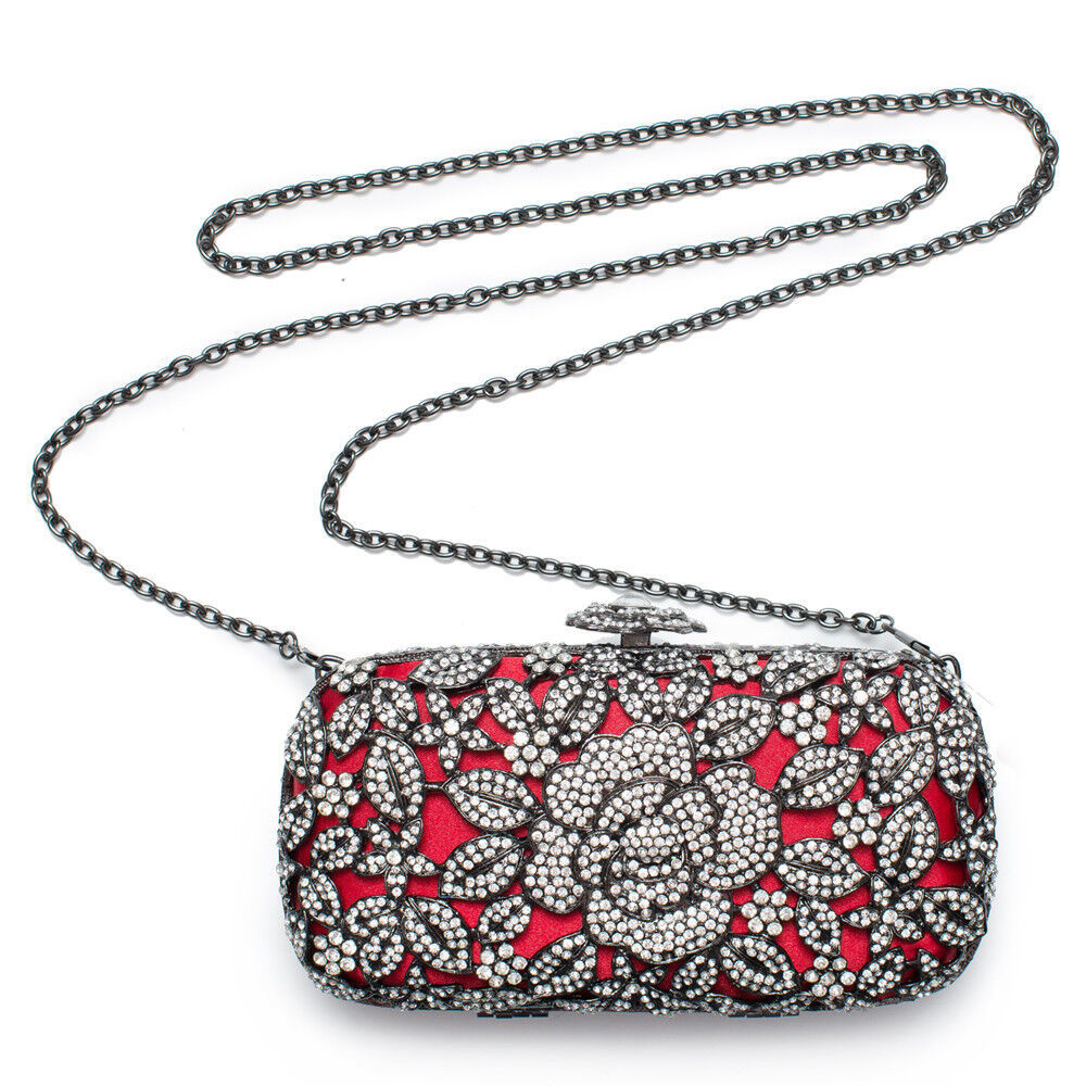 Ins Minaudiere Evening Handbag Crystal Red Beaded Flower Silver Floral Bag New